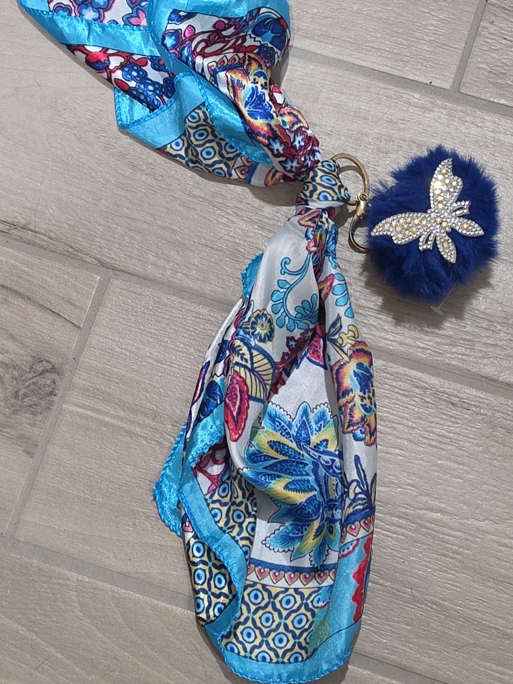 Blue Floral Silk Scarf Keychain with Navy Pom Pom and Rhinestone Butterfly